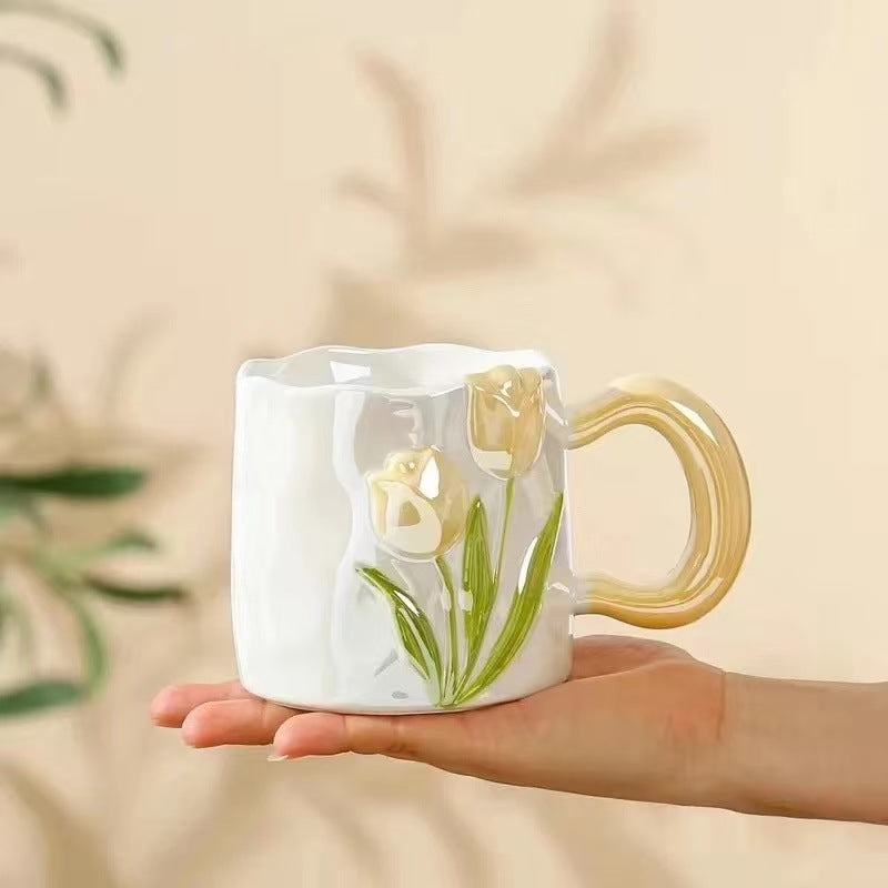 Embossed Hand-drawn Tulip Ceramic Mug
