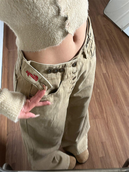 Embroidered Adjustable Washed Denim Pants