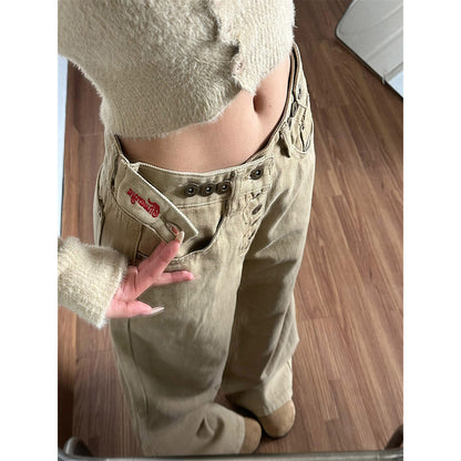 Embroidered Adjustable Washed Denim Pants