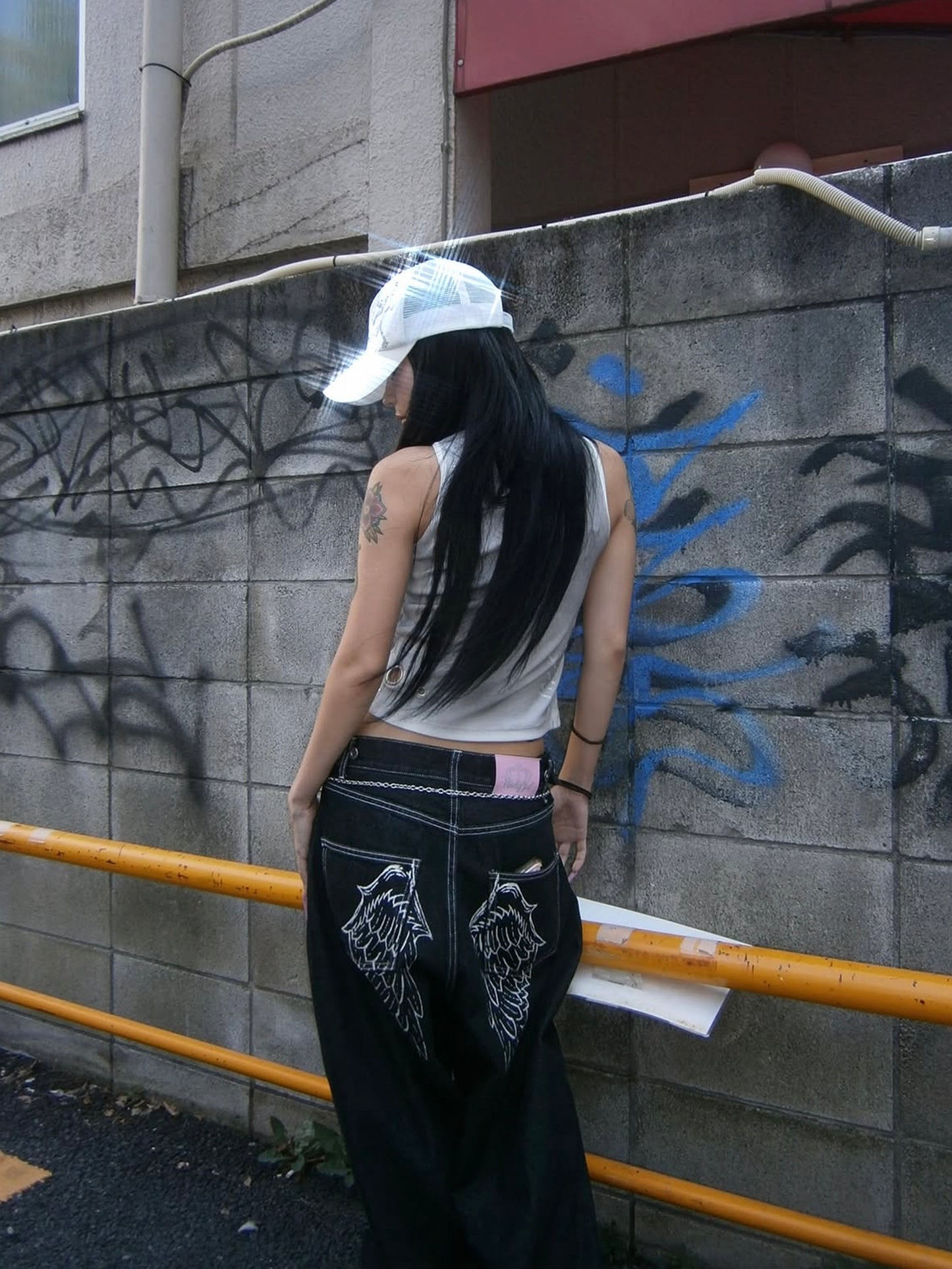 Embroidered Angel Wings Denim Pants
