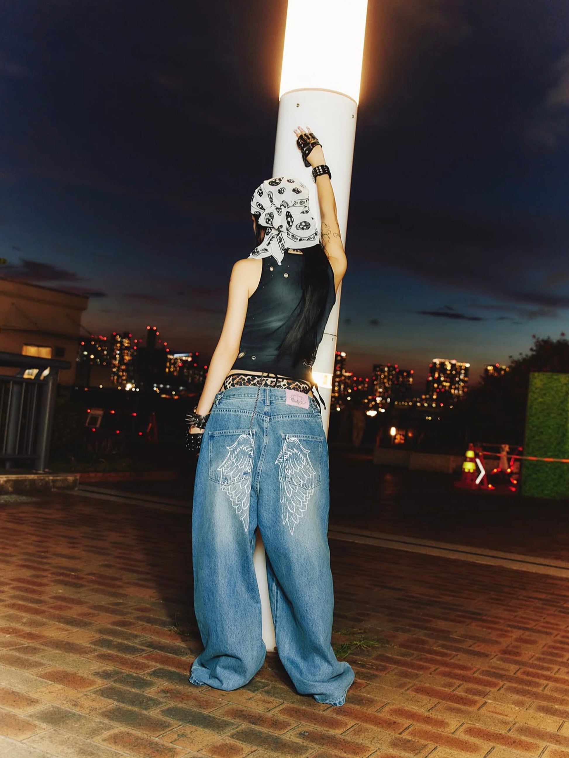 Embroidered Angel Wings Denim Pants