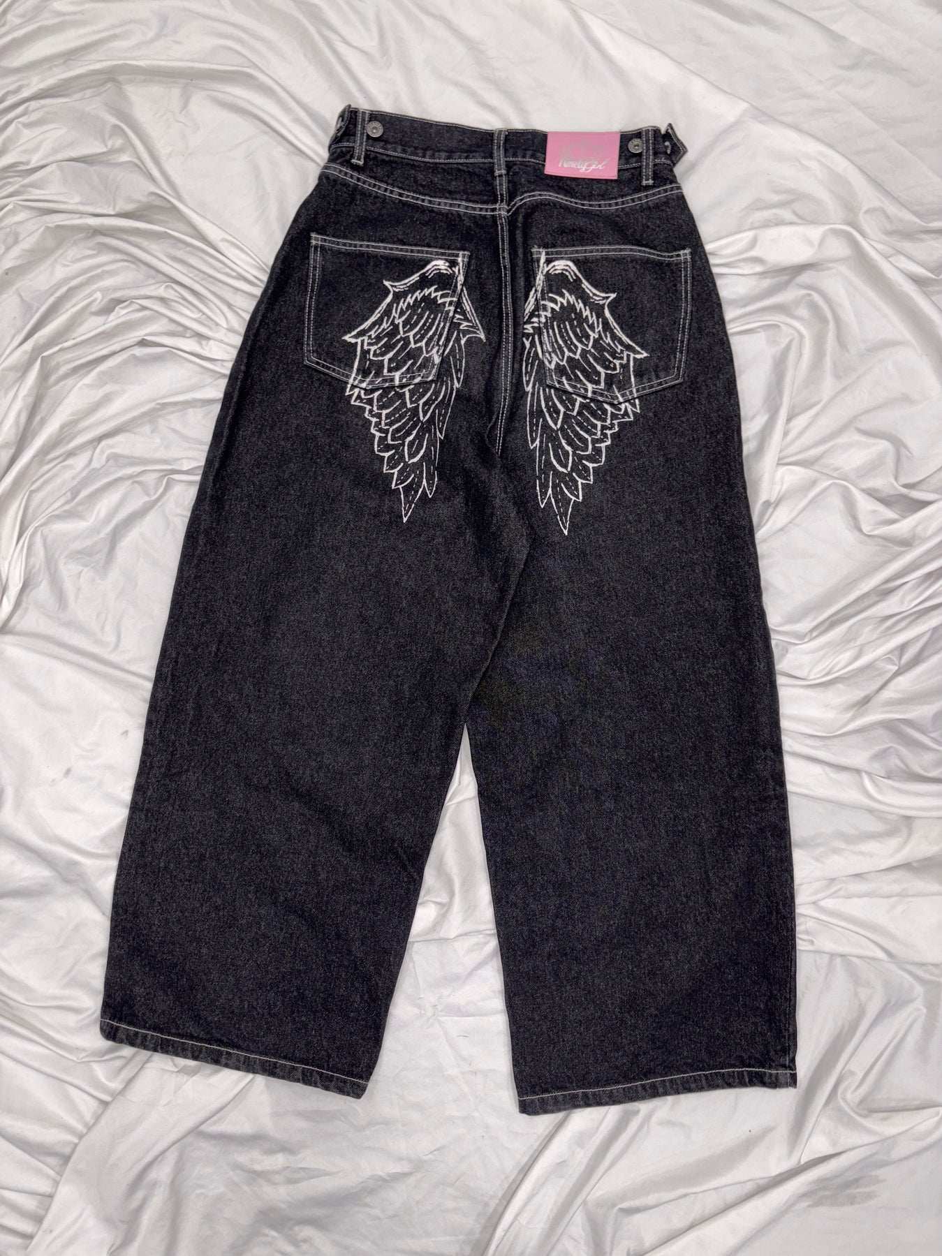 Embroidered Angel Wings Denim Pants