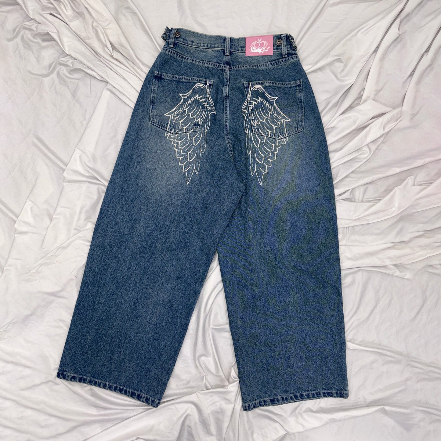 Embroidered Angel Wings Denim Pants