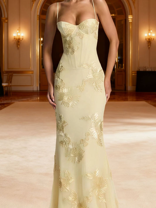 Embroidered Backless Evening Dress