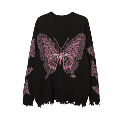 Embroidered butterfly letter-hole knitted sweater