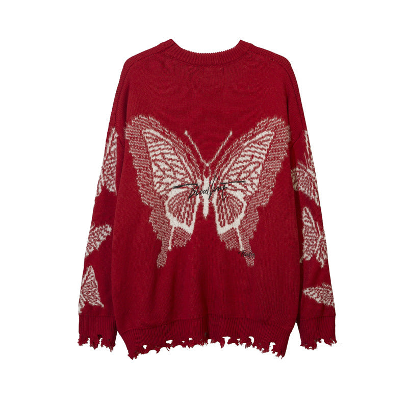 Embroidered butterfly letter-hole knitted sweater