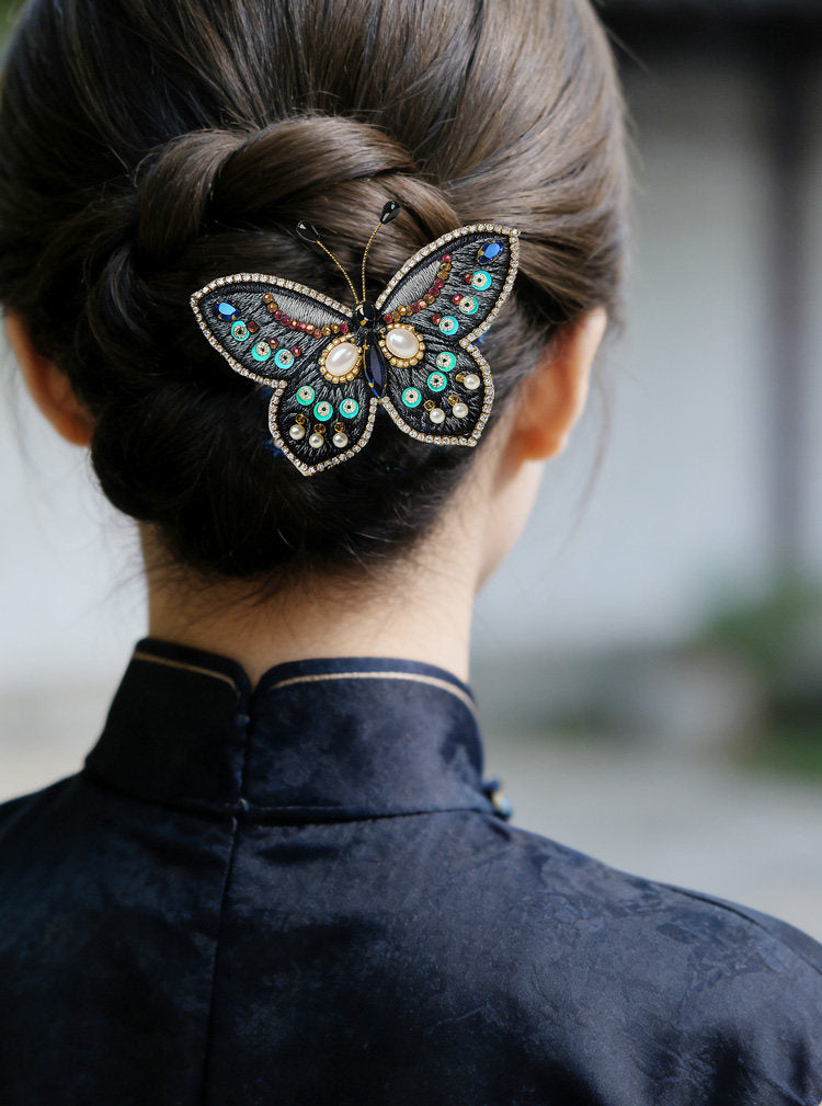 Embroidered Butterfly Rhinestone Hair Clip