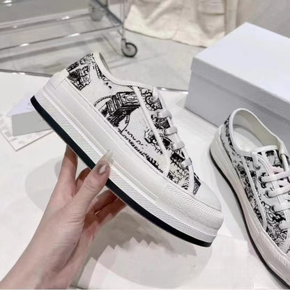 Embroidered Canvas Sneakers for Women with Thick Sole