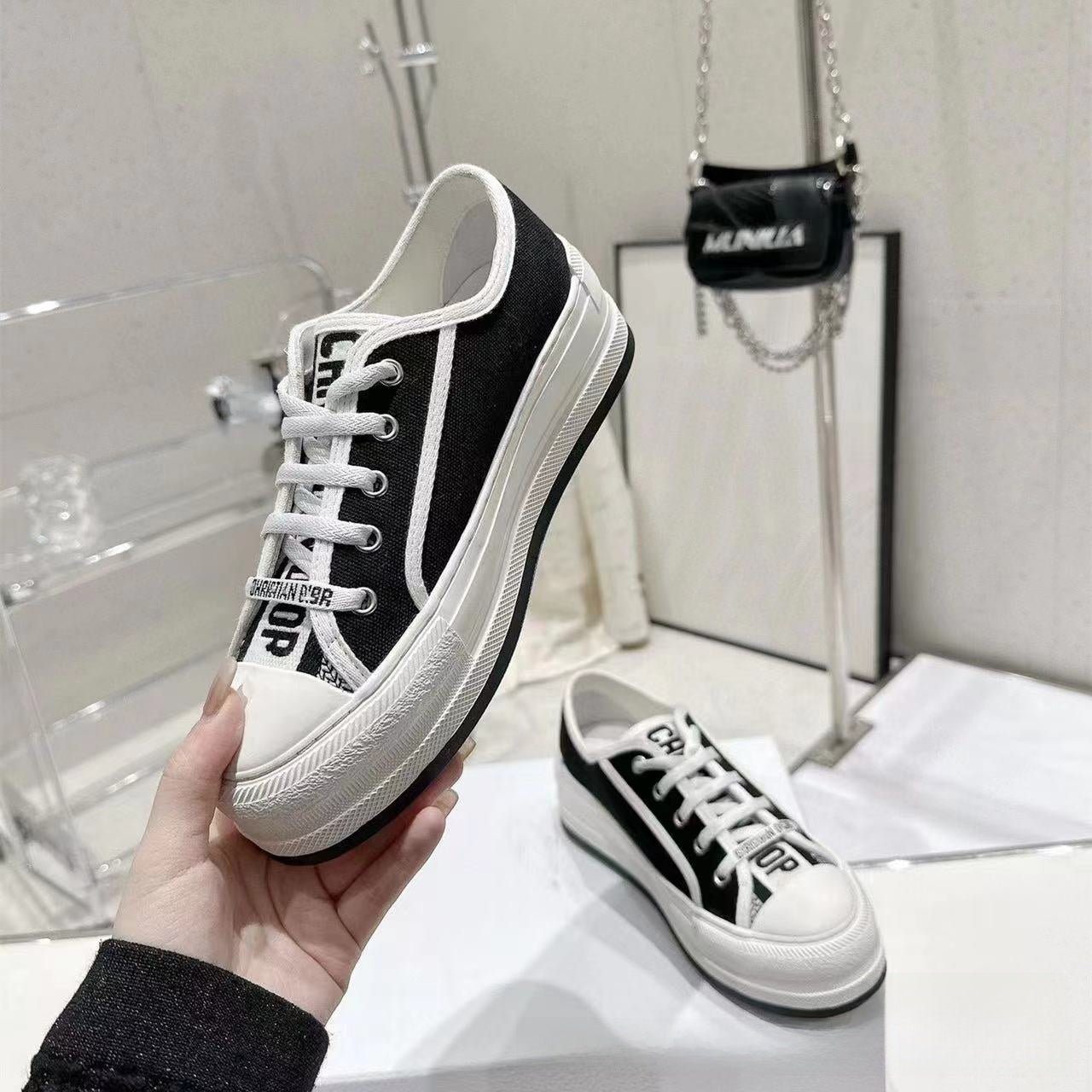 Embroidered Canvas Sneakers for Women with Thick Sole