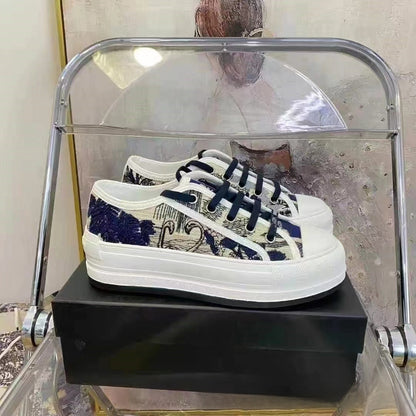 Embroidered Canvas Sneakers for Women with Thick Sole