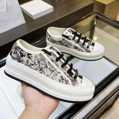 Embroidered Canvas Sneakers for Women with Thick Sole
