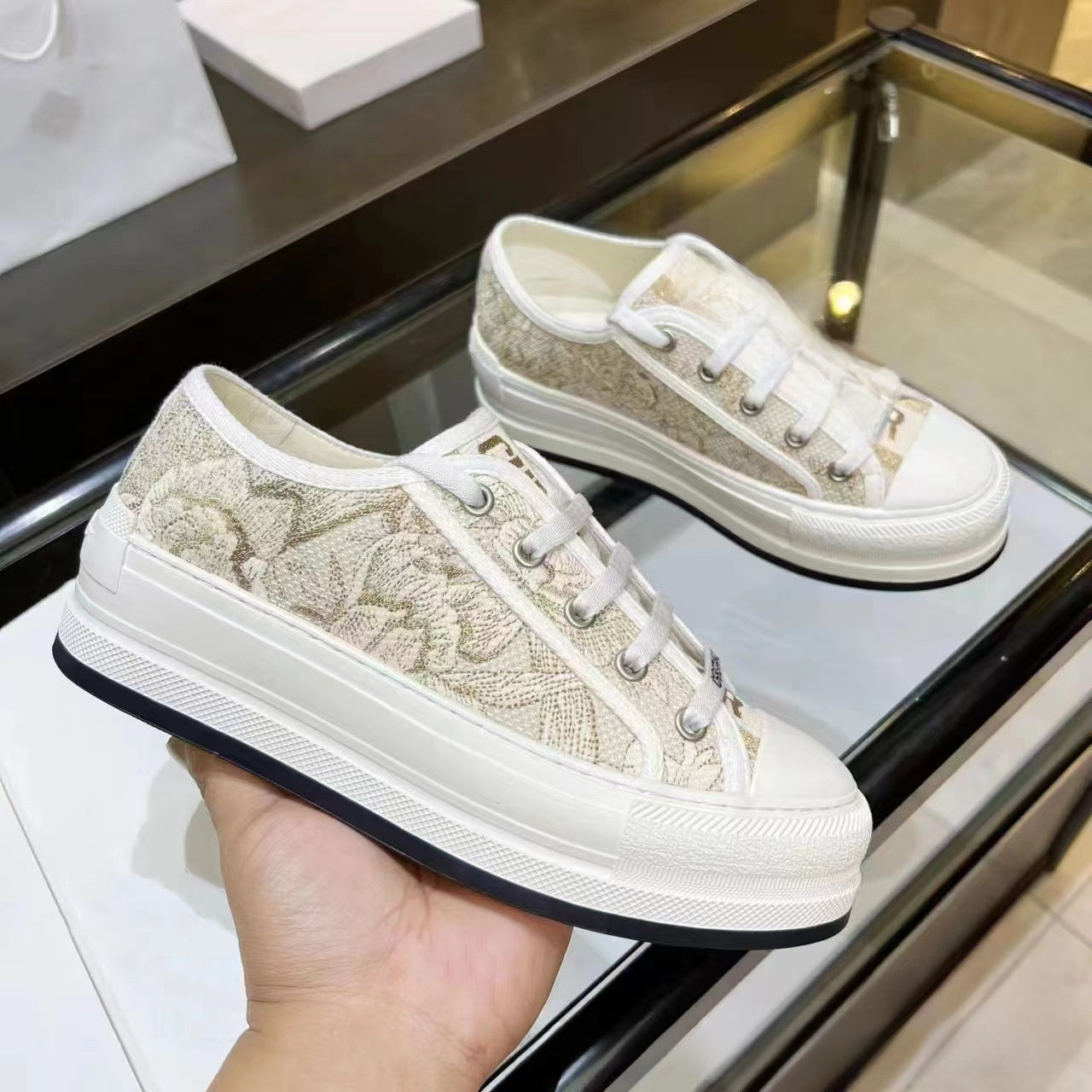 Embroidered Canvas Sneakers for Women with Thick Sole