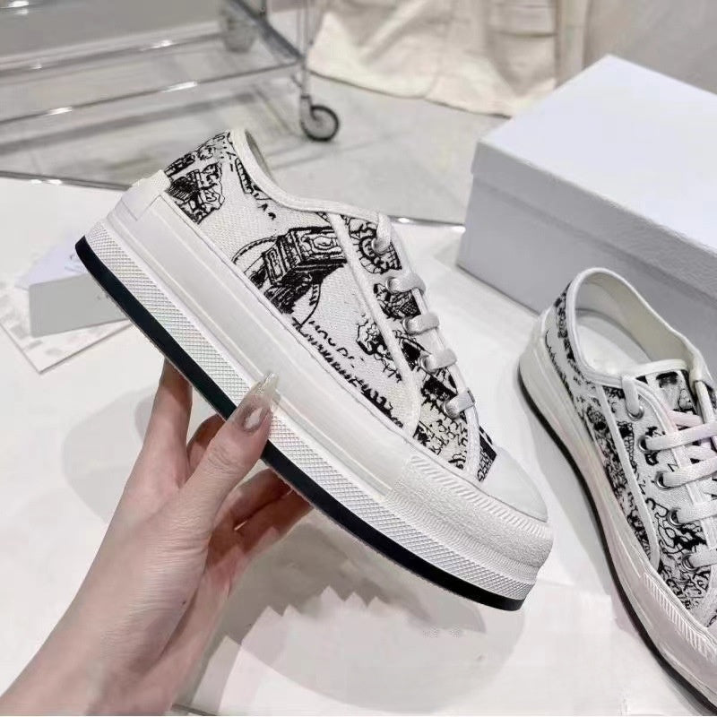 Embroidered Canvas Sneakers for Women with Thick Sole