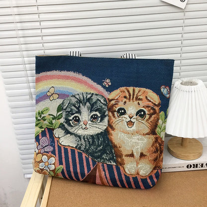 Embroidered Canvas Tote Bag with Kitten Design