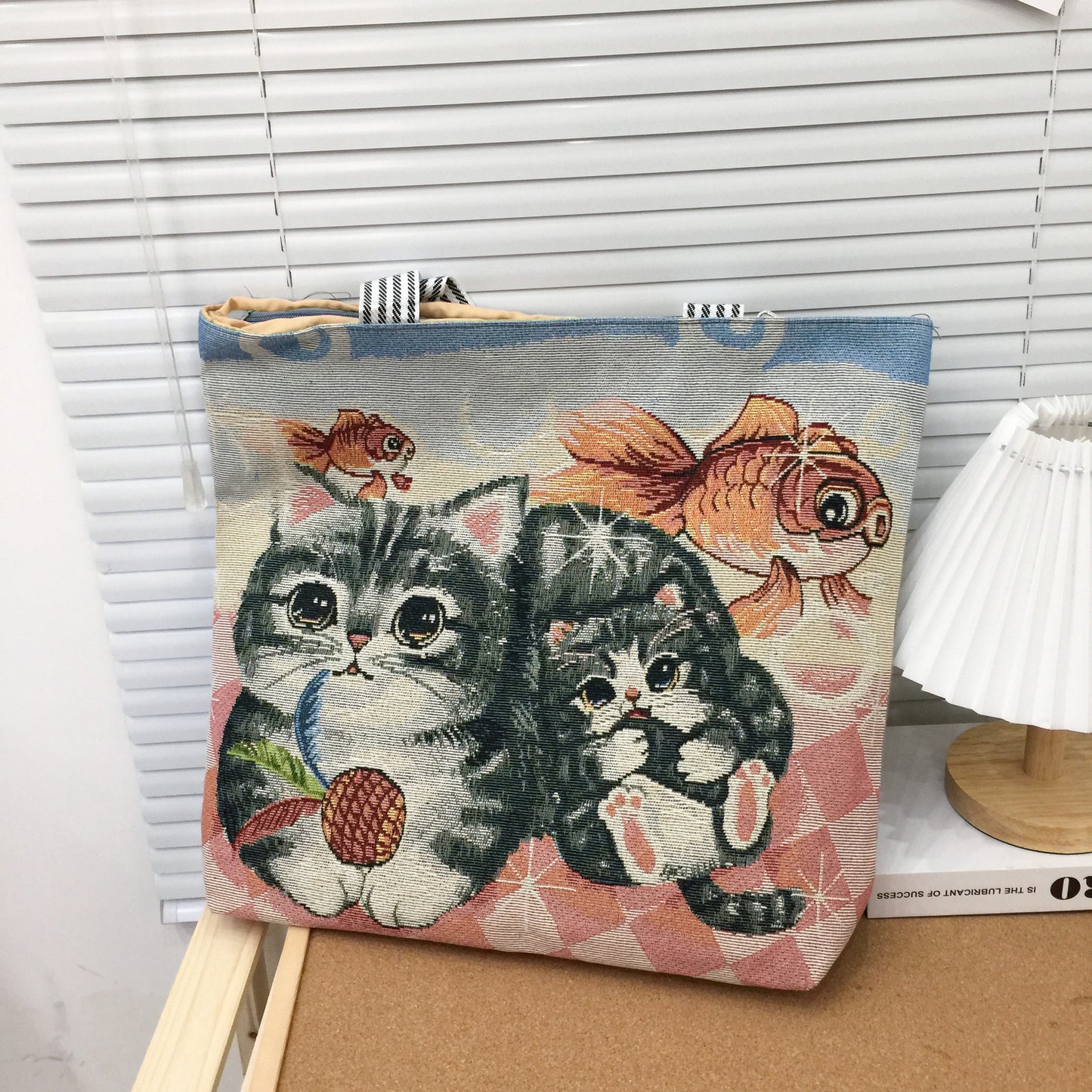 Embroidered Canvas Tote Bag with Kitten Design