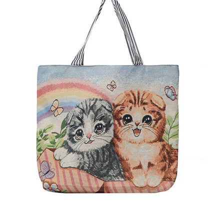 Embroidered Canvas Tote Bag with Kitten Design