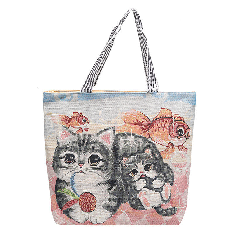 Embroidered Canvas Tote Bag with Kitten Design