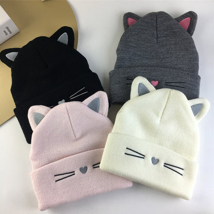 Embroidered Cat Ear Knitted Winter Hat