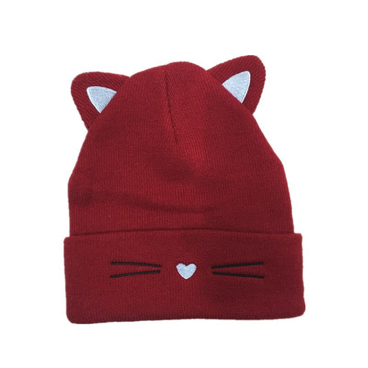 Embroidered Cat Ear Knitted Winter Hat