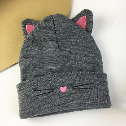 Embroidered Cat Ear Knitted Winter Hat