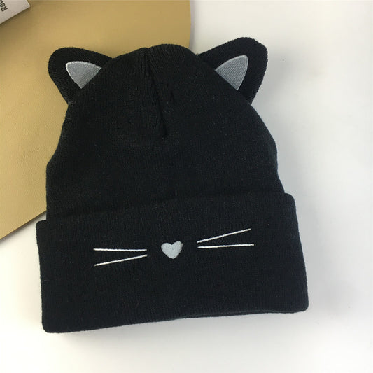 Embroidered Cat Ear Knitted Winter Hat