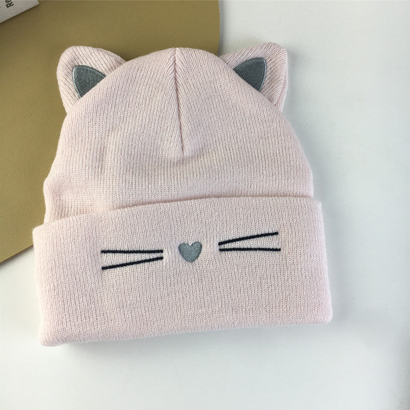 Embroidered Cat Ear Knitted Winter Hat