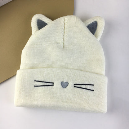 Embroidered Cat Ear Knitted Winter Hat