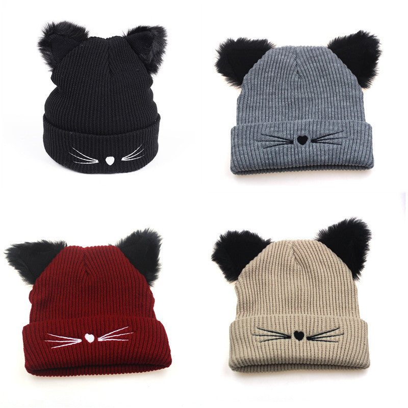 Embroidered Cat Ear Knitted Winter Hats