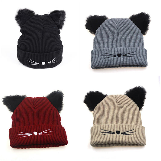 Embroidered Cat Ear Knitted Winter Hats