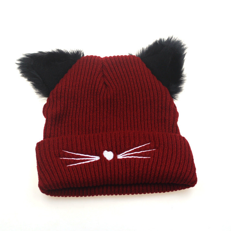 Embroidered Cat Ear Knitted Winter Hats