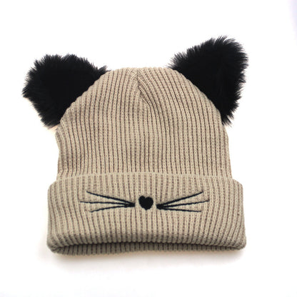 Embroidered Cat Ear Knitted Winter Hats