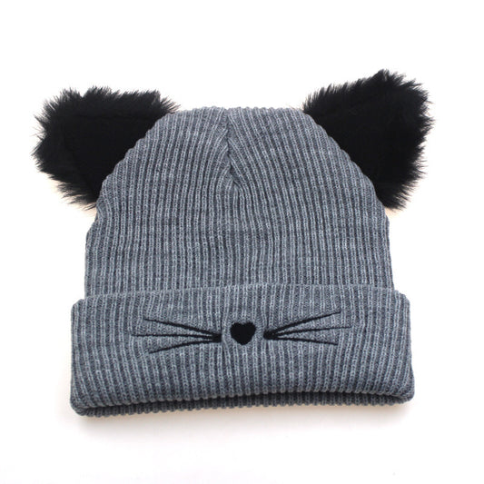 Embroidered Cat Ear Knitted Winter Hats