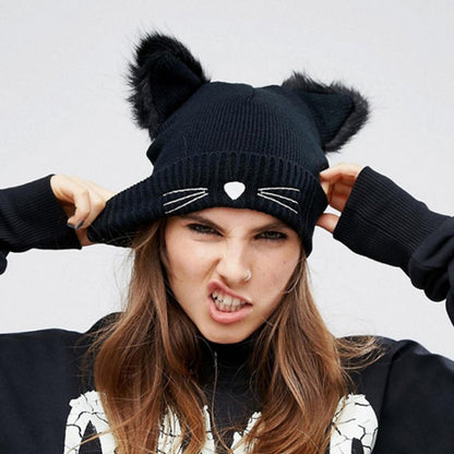 Embroidered Cat Ear Knitted Winter Hats
