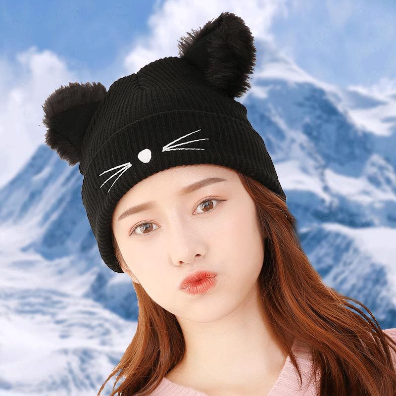 Embroidered Cat Ear Knitted Winter Hats