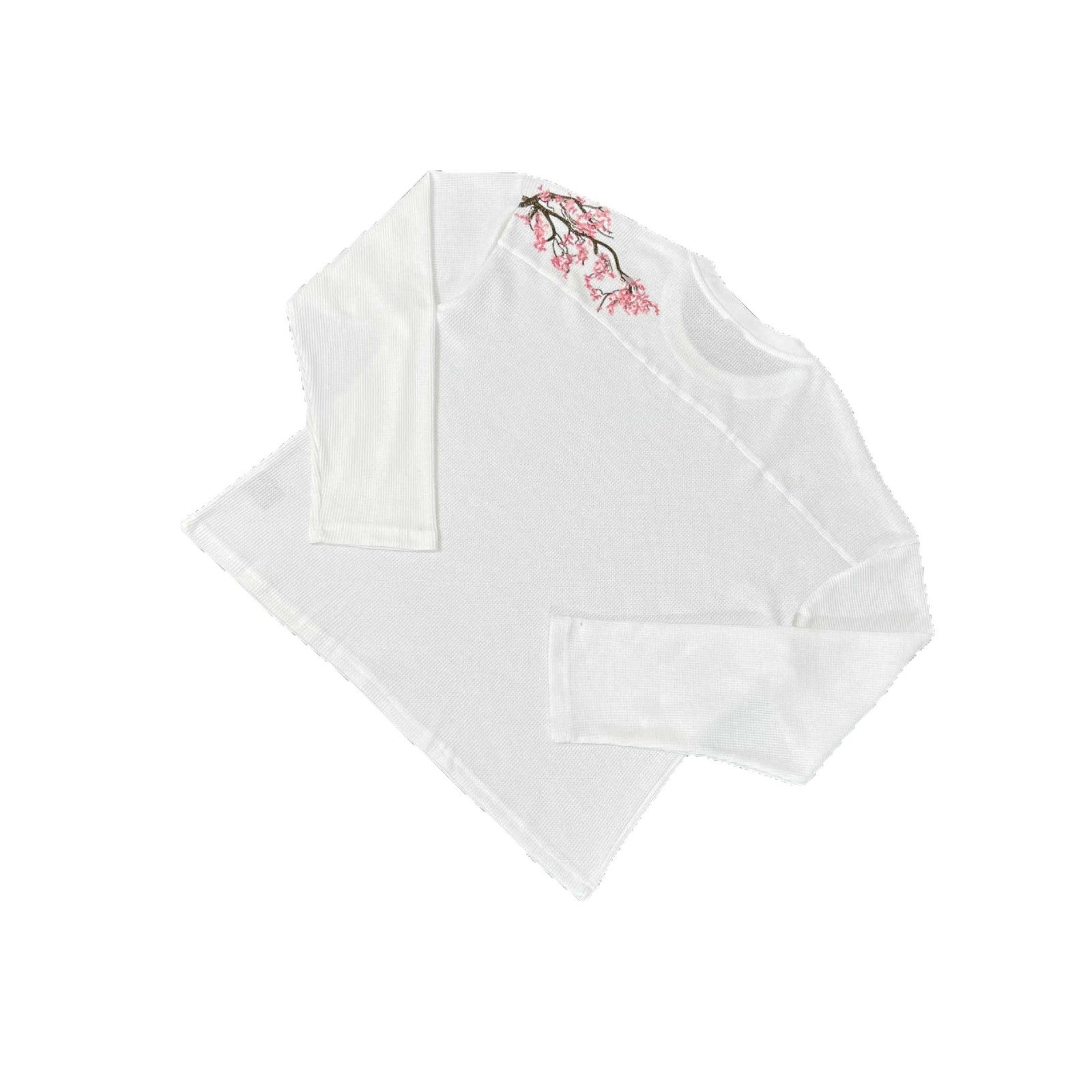 Embroidered Cherry Blossom Waffle Long Sleeve T-shirt