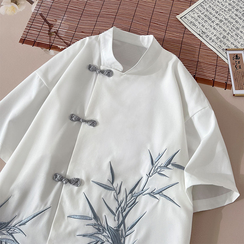 Embroidered Cotton Linen Short Sleeve Shirt