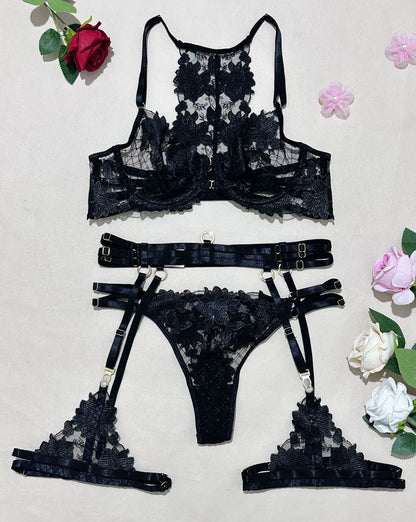 Embroidered Cross-Strap Lingerie Set