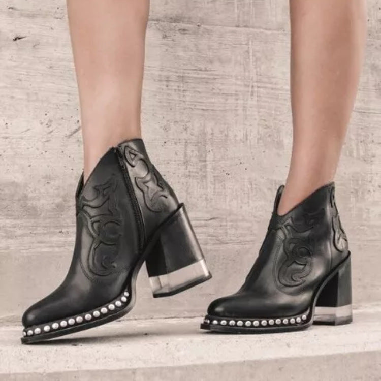 Embroidered Crystal Rivet Platform Boots