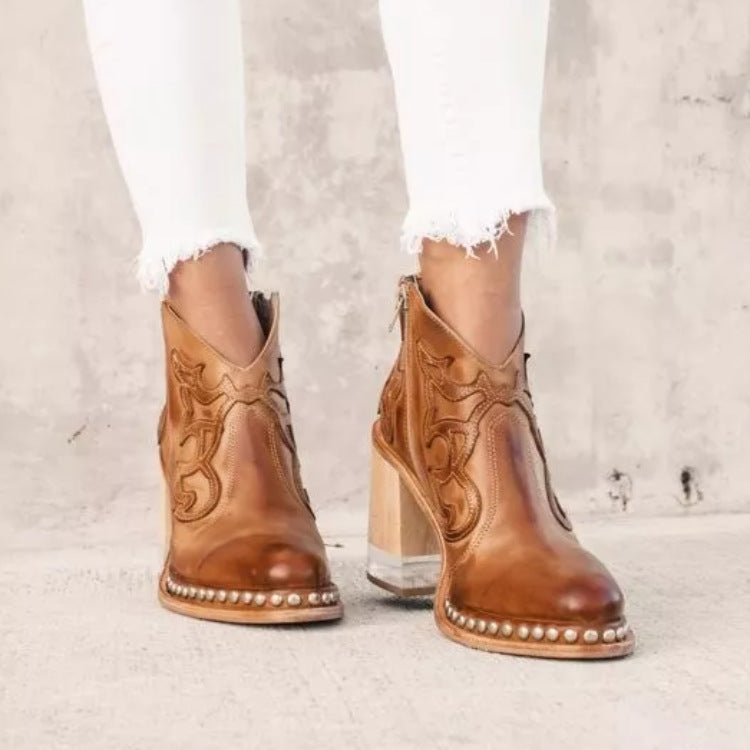 Embroidered Crystal Rivet Platform Boots