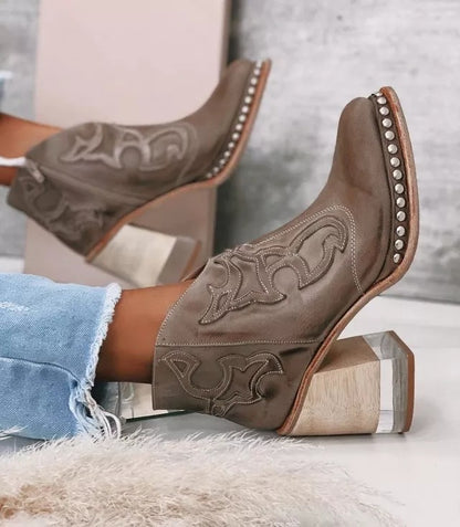 Embroidered Crystal Rivet Platform Boots