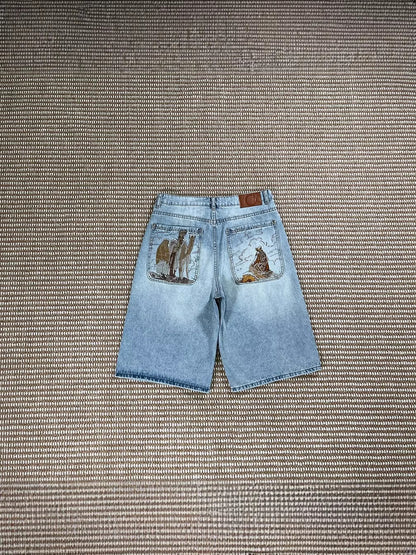 Embroidered Denim Mid-Length Pants