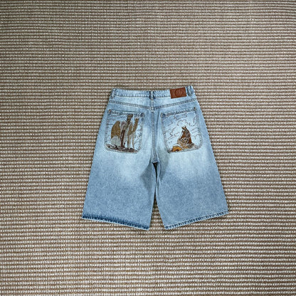 Embroidered Denim Mid-Length Pants
