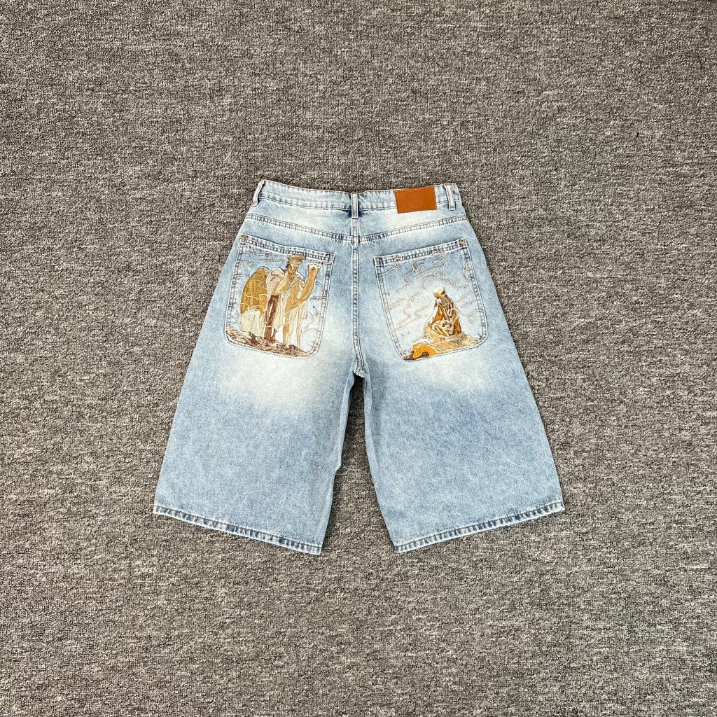 Embroidered denim shorts