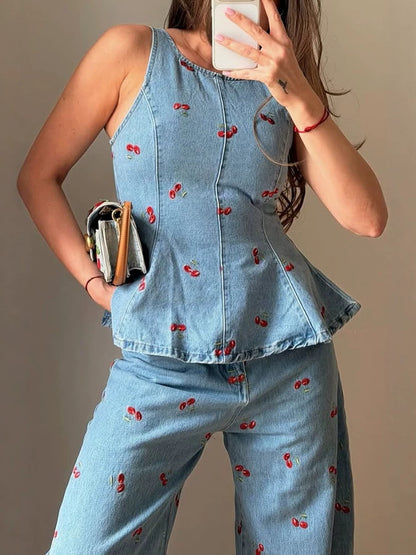 Embroidered Denim Top and Pants Set