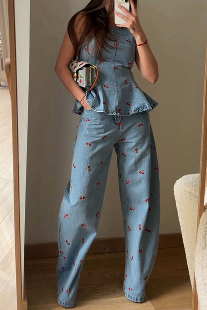 Embroidered Denim Top and Pants Set