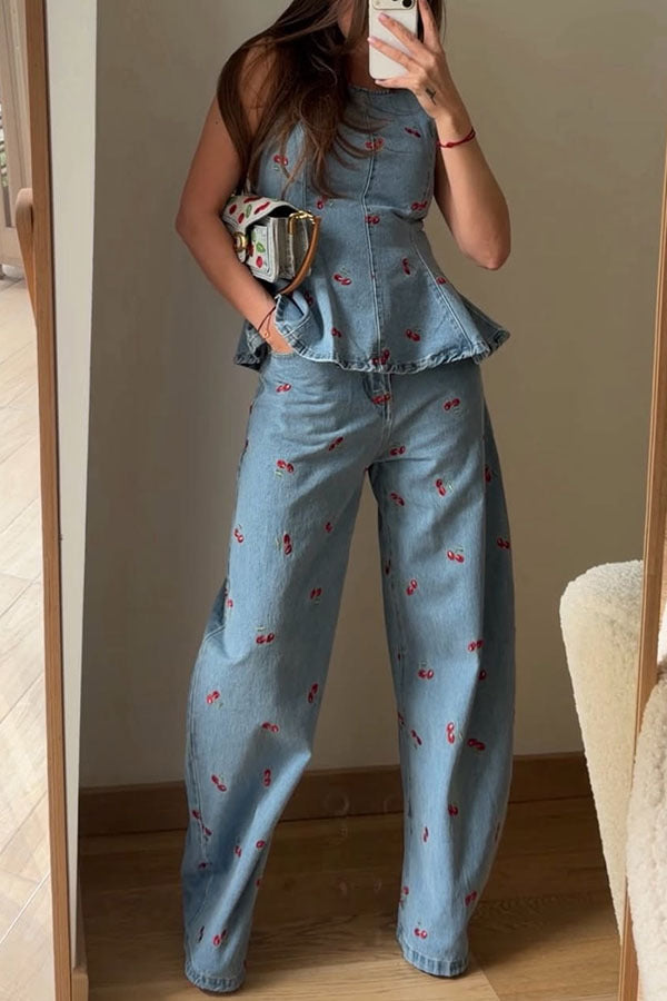 Embroidered Denim Top and Pants Set