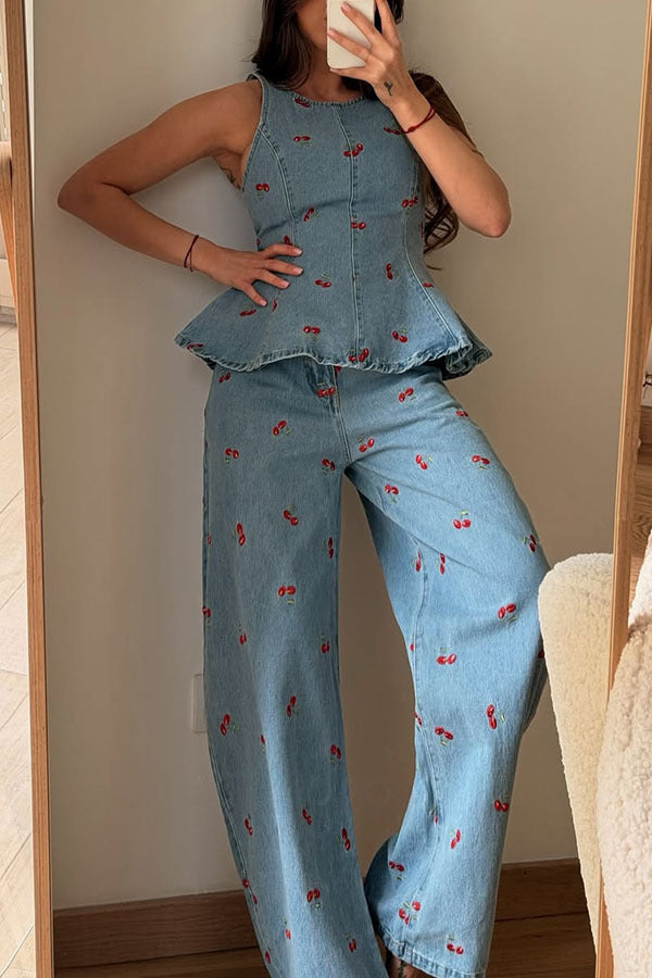 Embroidered Denim Top and Pants Set