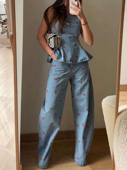 Embroidered Denim Top and Pants Set