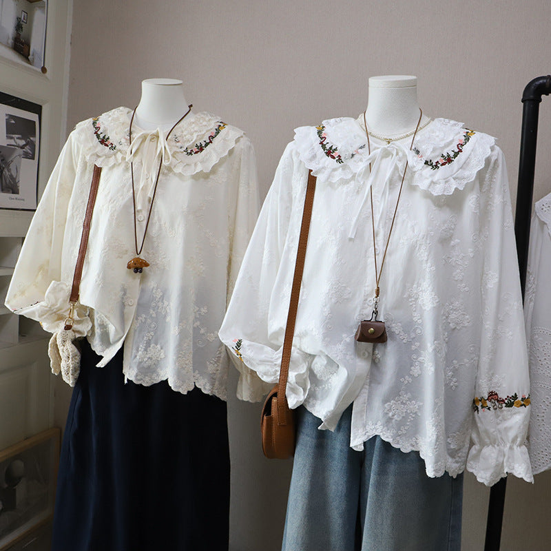 Embroidered Doll Collar Long Sleeve Blouse