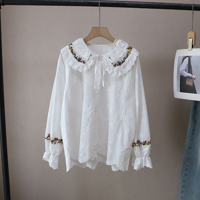Embroidered Doll Collar Long Sleeve Blouse
